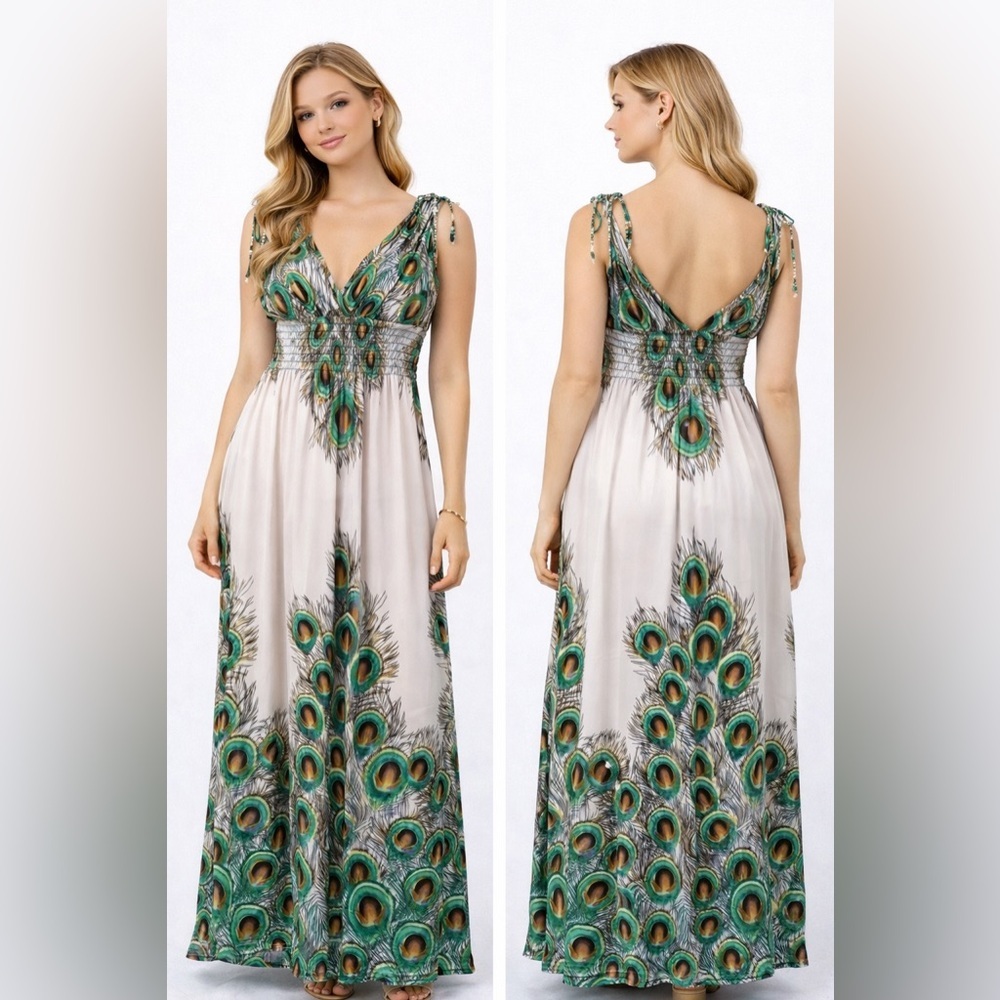 Nali Collection Elegant Peacock Print Maxi Dress Size L